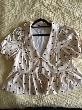 Porridge Cream Polka Dot Ruffle-Collar Tie-Front Blouse